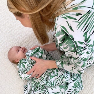 Palm Leaf Robe and Swaddle,Mommy and Me Matching Set,Postpartum,Maternity Robe,Matching Swaddle,Hospital Gown,Baby Shower Gift,Pregnant,Baby image 2