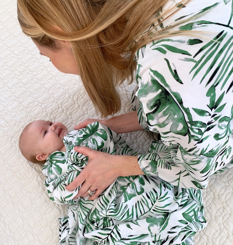 Palm Leaf Robe and Swaddle,Mommy and Me Matching Set,Postpartum,Maternity Robe,Matching Swaddle,Hospital Gown,Baby Shower Gift,Pregnant,Baby image 2