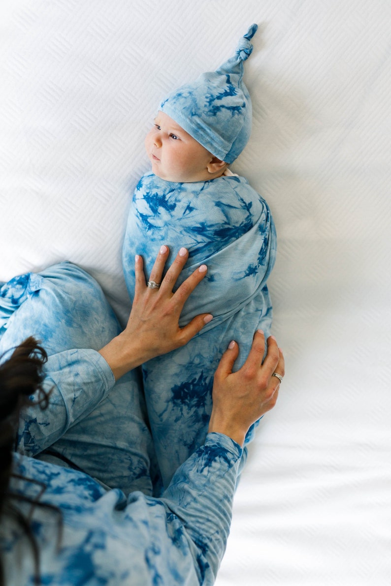 Blue Tie Dye Swaddle, Maternity Robe and Matching Swaddle,Postpartum,Baby Boy,Baby Shower Gift,Hat,Matching,Stretchy,Robe and Swaddle Set image 1