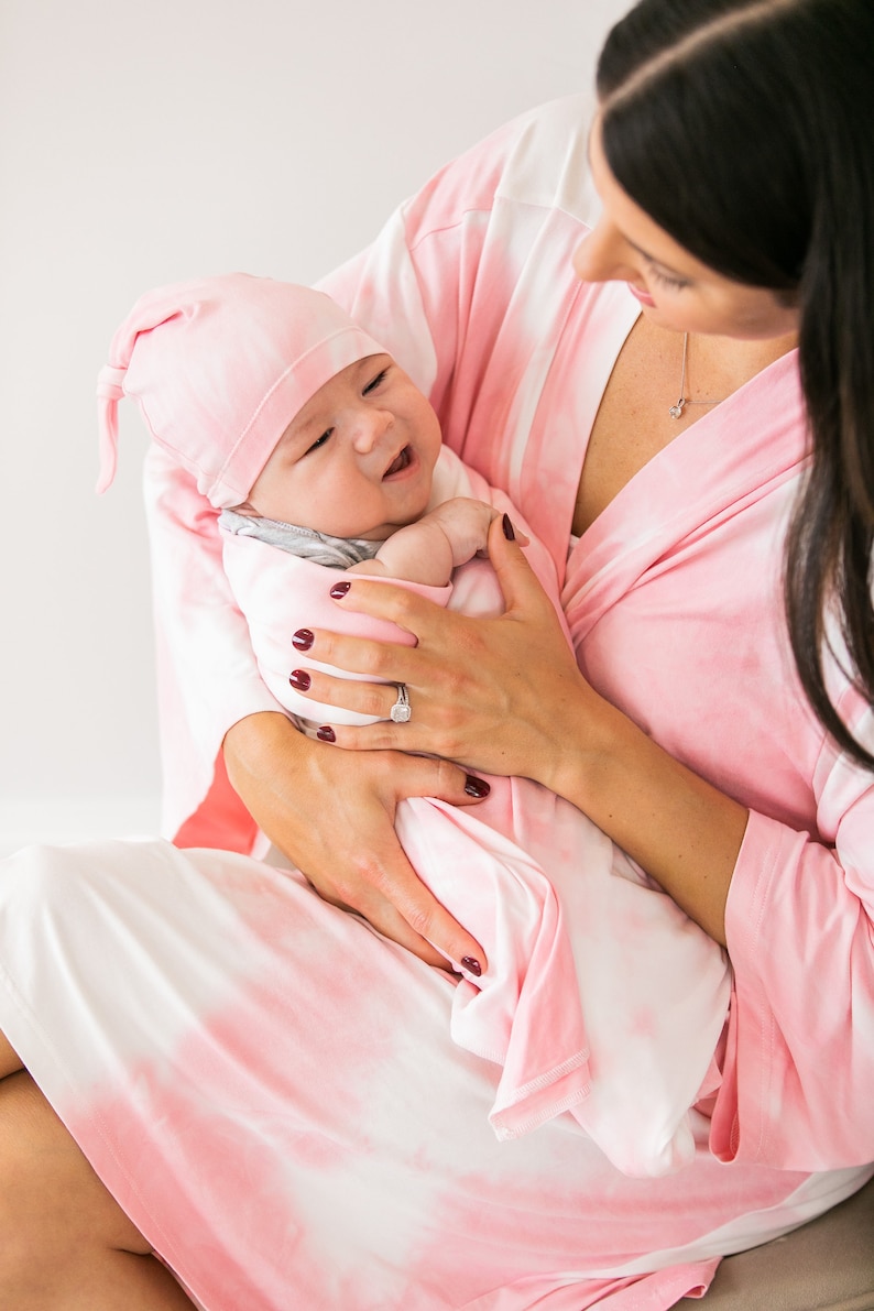 Pink Tie Dye Robe and Matching Swaddle,Mommy and Me,Hospital Robe,Maternity Robe,Baby Girl,Baby Shower Gift,Stretchy,Robe and Swaddle Set image 8