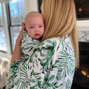 Palm Leaf Robe and Swaddle,Mommy and Me Matching Set,Postpartum,Maternity Robe,Matching Swaddle,Hospital Gown,Baby Shower Gift,Pregnant,Baby image 10