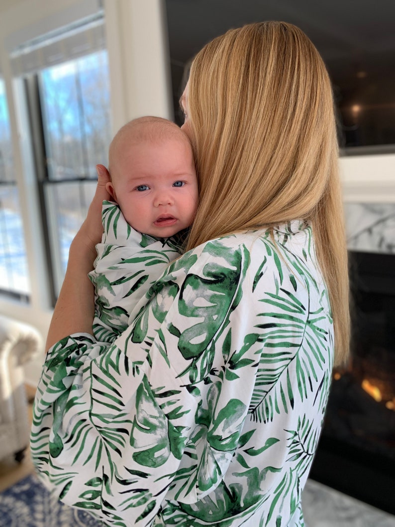 Palm Leaf Robe and Swaddle,Mommy and Me Matching Set,Postpartum,Maternity Robe,Matching Swaddle,Hospital Gown,Baby Shower Gift,Pregnant,Baby image 10