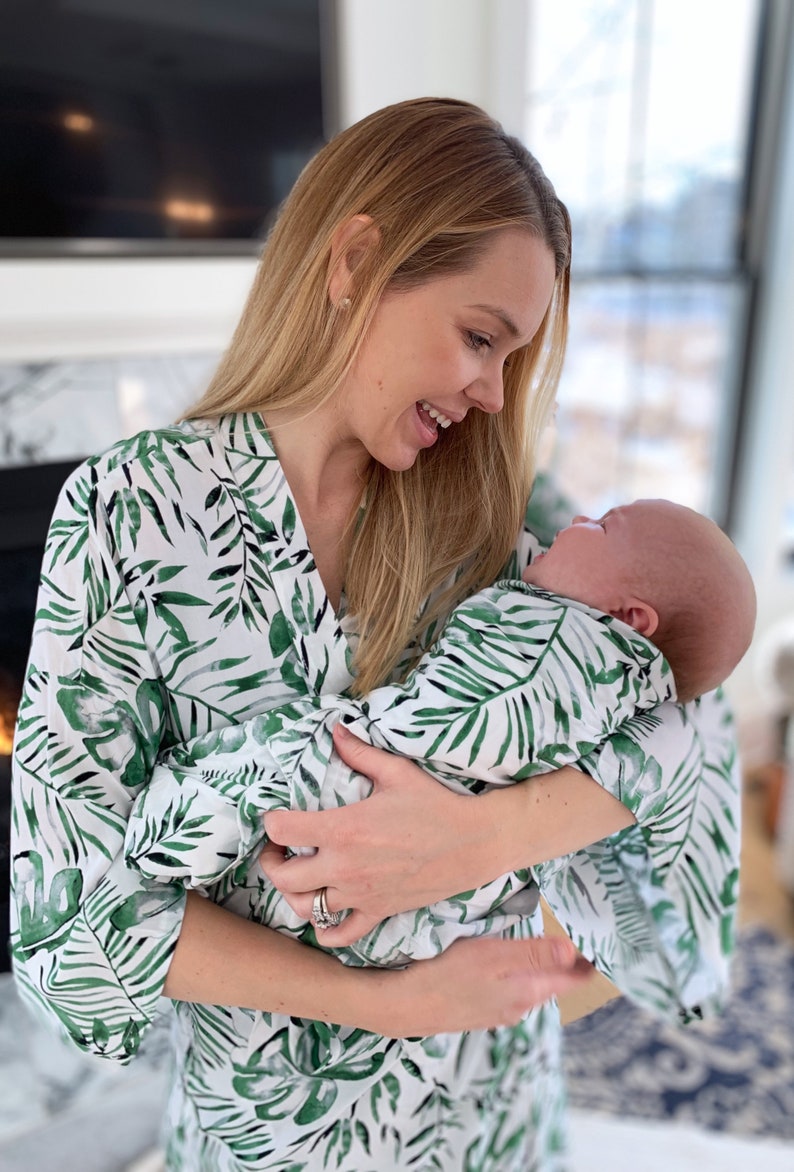 Palm Leaf Robe and Swaddle,Mommy and Me Matching Set,Postpartum,Maternity Robe,Matching Swaddle,Hospital Gown,Baby Shower Gift,Pregnant,Baby image 1