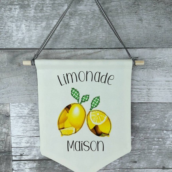 Bannière "limonade maison" en toile de coton crème, fanion décoratif motif citrons, décoration murale cuisine, cadeau hôtesse