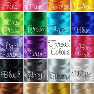 May include: A grid of twenty spools of shiny embroidery thread in various colors including red, pink, orange, yellow, lime green, green, aqua, blue, light purple, purple, hot pink, black, grey, silver, white, brown, tan, gold, and cream.