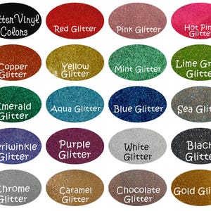 Puede incluir: Una colecci&oacute;n de colores de vinilo con purpurina que se muestran en formas ovaladas. Los colores incluyen rojo, rosa, rosa intenso, cobre, amarillo, menta, verde lima, esmeralda, aguamarina, azul, mar, b&iacute;garo, morado, blanco, negro, cromo, caramelo, chocolate y oro.