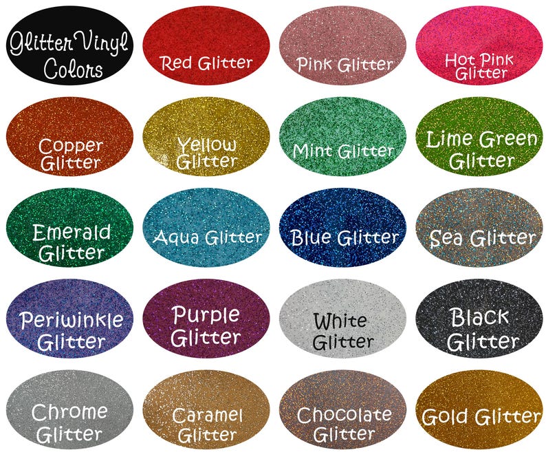 Puede incluir: Una colecci&oacute;n de colores de vinilo con purpurina que se muestran en formas ovaladas. Los colores incluyen rojo, rosa, rosa intenso, cobre, amarillo, menta, verde lima, esmeralda, aguamarina, azul, mar, b&iacute;garo, morado, blanco, negro, cromo, caramelo, chocolate y oro.