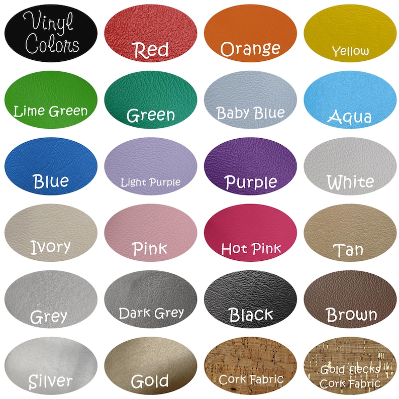 Puede incluir: Una carta de colores con varios colores de vinilo. La carta incluye un &oacute;valo negro con el texto "Vinyl Colors", y &oacute;valos en rojo, naranja, amarillo, verde lima, verde, azul beb&eacute;, aguamarina, azul, lila, morado, blanco, marfil, rosa, rosa fuerte, marr&oacute;n, gris, gris oscuro, negro, marr&oacute;n, plata, oro y tejido de corcho.