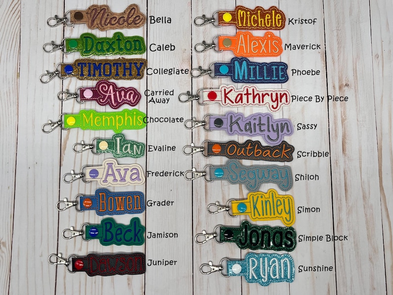 Puede incluir: Llaveros bordados en varios colores, cada uno con un nombre. Los llaveros tienen un clip met&aacute;lico para sujetar. Los nombres incluyen Nicole, Daxton, Timothy, Ava, Memphis, Ian, Ava, Bowen, Beck, y otros.