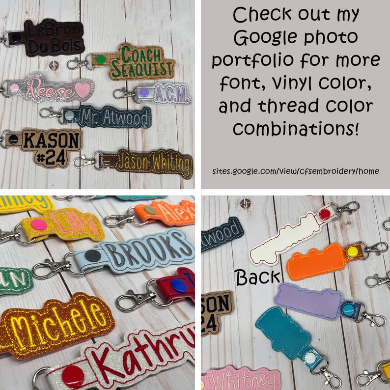 Puede incluir: Una colecci&oacute;n de llaveros personalizados en varios colores, con nombres y texto como "LeBron Du Bois", "Kason #24" y "Coach Seaquist". Cada llavero tiene un cierre met&aacute;lico. La imagen tambi&eacute;n incluye texto sobre la cartera de fotos de Google.