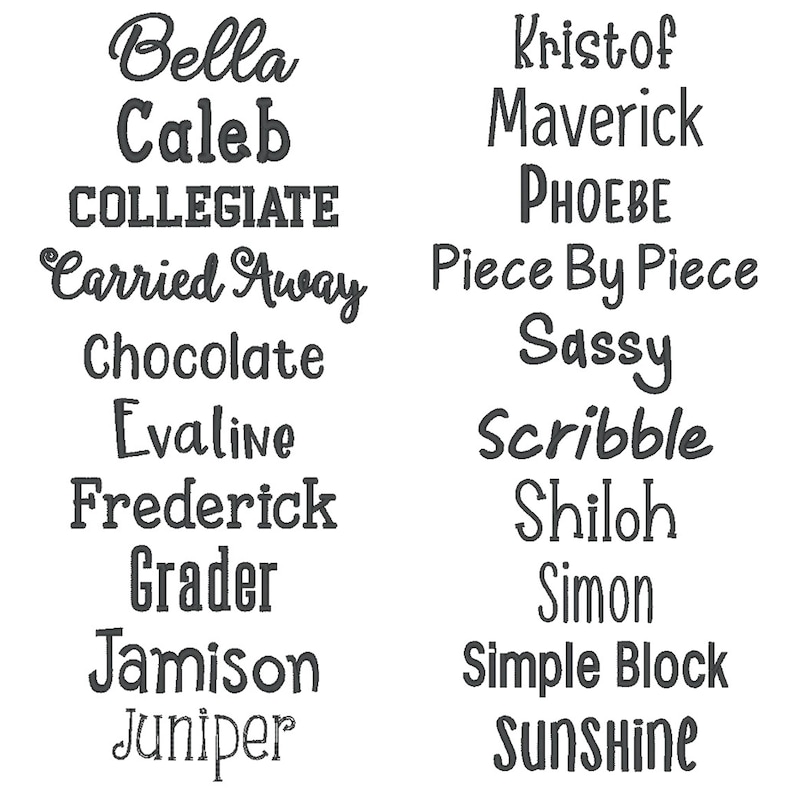 Puede incluir: Un fondo blanco muestra una colecci&oacute;n de texto en varias fuentes. Las palabras incluyen nombres como "Bella", "Caleb" y "Kristof", junto con frases como "Piece By Piece" y "Sunshine". El texto es de color gris oscuro.