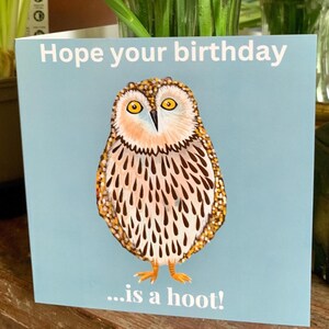 Cartão de aniversário de coruja, cartão engraçado com o slogan 'Espero que seu aniversário seja uma festa!'