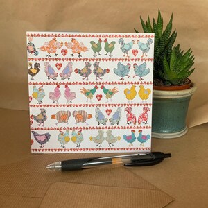Tarjeta de pollo alegre con gallinas - Tarjeta de Pascua alegre con filas de adorables pollos - ¡Perfecta para las celebraciones de primavera!