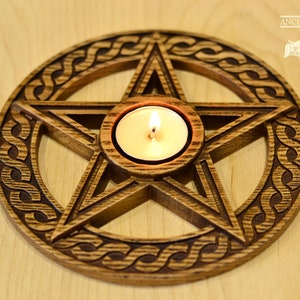 Altar Candle Holder – Hand Crafted Oak Candlestick with Norse Viking Design – Pagan Nordic Decor