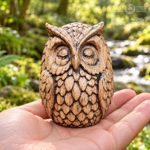 Owl Guardian Figurine, Natural Oak or Bronze Finish, Sleeping Owl Forest Spirit, Woodland Decor, Meditation Gift, Cozy Shelf Decor