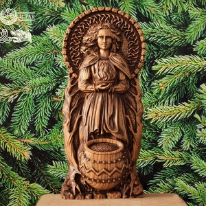 Brigid Statue – Oak Figurine of Irish Celtic Goddess of Fire, Healing and Inspiration – Pagan Altar Decor, Druid Ritual Sculpture