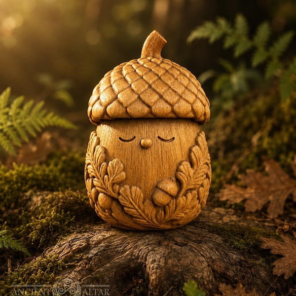 Wooden Acorn Figurine, Forest Spirit Sculpture, Woodland Guardian Decor, Cottagecore Home Accent, Good Luck Gift for Nature Lover
