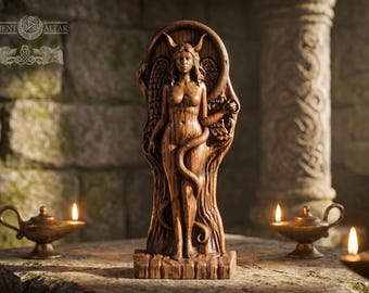 May include: A brown wooden sculpture of a horned, winged figure with a snake coiled around its body. The figure stands on a rectangular base. The text ANCIENT ALTAR is visible in the upper left corner above two stylized animal heads.