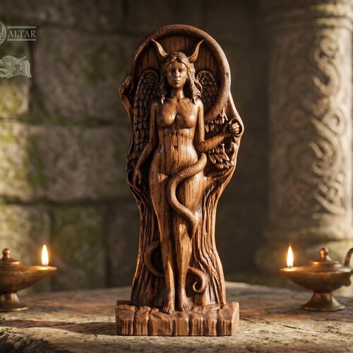 Oak Lilith Statue – Dark Goddess Figurine, Feminine Power Altar