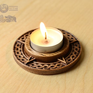 Handmade Viking Candle Holder – Norse Oak Wood Candlestick with Nordic Carving – Scandinavian Pagan Decor