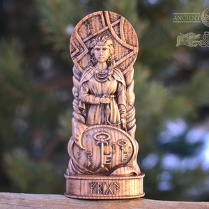 Frigg statue, Friga, Frigga, Norse gods, God Altar sculpture,  asatru viking god and goddes sculpture wooden scandinavian pantheon