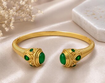 Green Onyx Torc Cuff Bracelet Gold Plated Adjustable Bangles Birthstone Women's Jewelry CB-1006