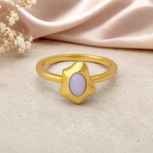 Pink Opalite, Red Coral, Blue Turquoise Gemstone Ring Oval Cabochon Band Gold Plated Stackable Jewelry 5633