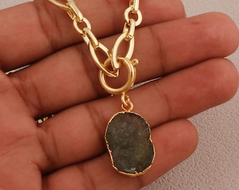 Green Strawberry Quartz Necklace, Raw Gemstone Pendant, Chunky Gold Chain, Statement Jewelry 5251