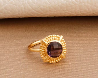 Purple Amethyst Minimalist Rings: Round Gemstone Bezel Set Ring, Gold Plated Handmade Jewelry 5593