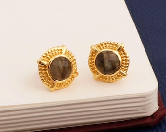 Round Labradorite Studs, 18k Gold Plated Earrings, Gemstone Minimalist Everyday Earrings 5571