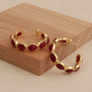 Ruby Gemstone Hoop Earrings Oval Gemstone Bezel Set Earrings 18k Gold Plated Jewelry CE-1005