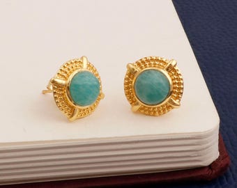 Amazonite Gemstone Studs: 18k Gold Plated Handmade Earrings, Women's Birthstone Jewelry 5571