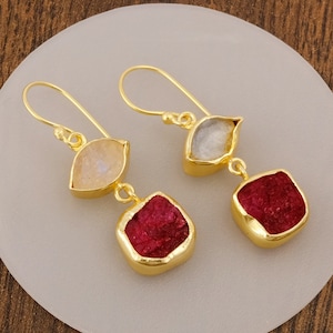 Rainbow Moonstone and Ruby Drop Earrings-Handmade Gold Plated Jewelry-Gift for women's 3044