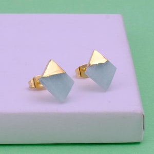 Natural Amazonite Stud Earring - Electroplated Gemstone Earring - Stone Square Shape Stud Earrings - Amazonite Healing Crystal Earrings