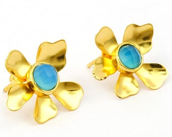 Blue Chalcedony Stud Earring For Gift Earrings, Blue Stud Earrings, Gold Plated Jewelry, Wedding Gift, Earrings For Mother 3015