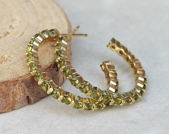 Peridot Hoop Earrings Round Stone Gold Plated Hoops Contemporary Gemstone Earrings 5704