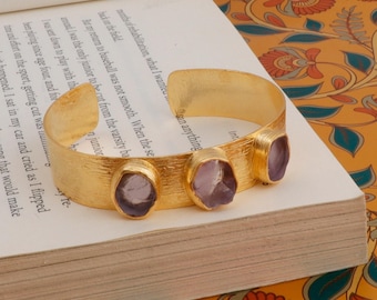 Natural Purple Amethyst Hammered Cuff Bracelet - Raw Birthstone Designer Cuff Bracelet - Gold plated Solid Band Fashionable Bangles (4014)