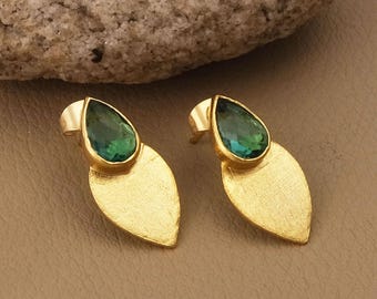 Apatite Teardrop Earrings Gold Plated Stud Earrings Pear Gemstone Jewelry 2148