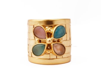 Chalcedony Pear Shape Gemstone Gold Plated Brass Rings - Gemstone Boho Handcrafted Adjustable Band Rings Gift for Her 3748