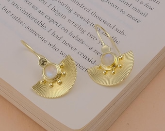 Gold Fan Pre-Columbian Jewelry Moonstone Hook Earrings - Gold Plated Museum Historical Gemstone Earring - Handcrafted Dangle Earring CE-1001