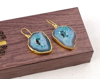 Natural Green Agate Slice Earrings, Green Drop & Dangle Earrings, Gold Plated Jewelry, Wedding Gift, Earrings For Wife 3580