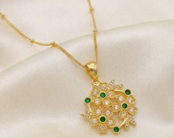 Emerald Flower Pendant: Birthstone Necklace, 18k Gold Plated Women's Jewelry Gift for Halloween 5580