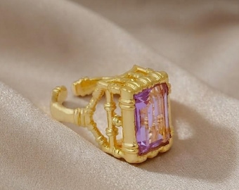 Emerald Cut Amethyst Statement Rings, February Birthstone Ring, Handmade Cocktail Jewelry CR-1044