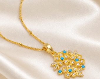 Turquoise Flower Pendants, Gold Plated Cluster Necklace, Dainty Satellite Chain Necklace 5580
