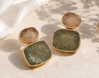 Raw Gemstone Earring Rose Quartz Double Stone Stud Earrings 18K Gold Plated Handmade Statement Jewelry for Her 5027