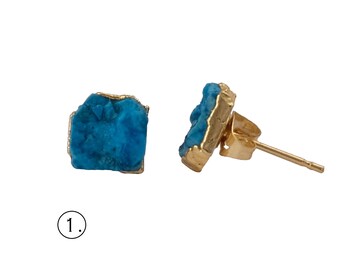 Tiny Turquoise Gemstone Rough Stud, Gold Electroplated Stud Earring, Push Back Earrings Women Jewelry Bridesmaid Gift Idea, B-9251