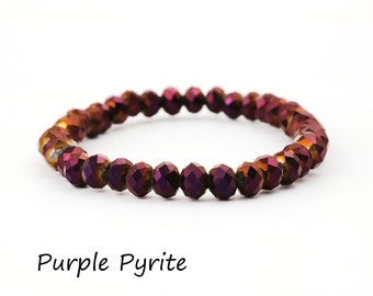 Rondelle Coated Purple Pyrite Beaded Bracelets, Handmade Stretchy Stackable Adjustable Bracelet Faceted Cut Beaded Jewelry, EJ-2097