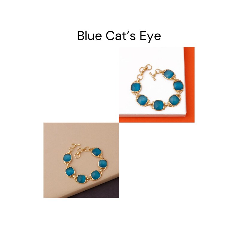 Op de afbeelding: Een gouden armband met blauwe kattenoogstenen. De armband heeft een schuifgesp.