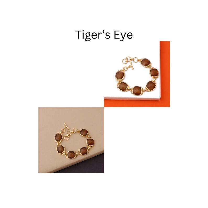 Op de afbeelding: Een gouden armband met bruine tijgeroogstenen. De armband heeft een sluiting en is gemaakt van metaal.