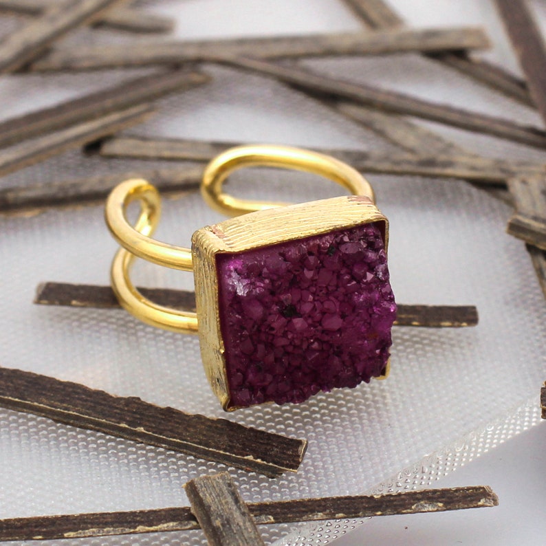 A Best quality Gemstone Rings Gold Plated Rings 14 MM Square Adjustable Ring Jewelry EJ-1082 Handmade Rings Natural Agate Druzy Ring